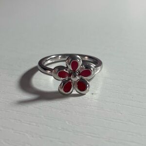 Sterling silver and red enamel flower ring, excellent condition